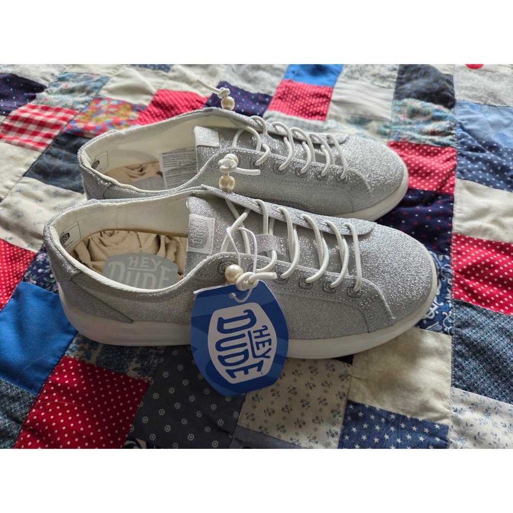 Hey Dude Karina Bride To Be Silver Glitter Sneakers Pearl Laces Women 7